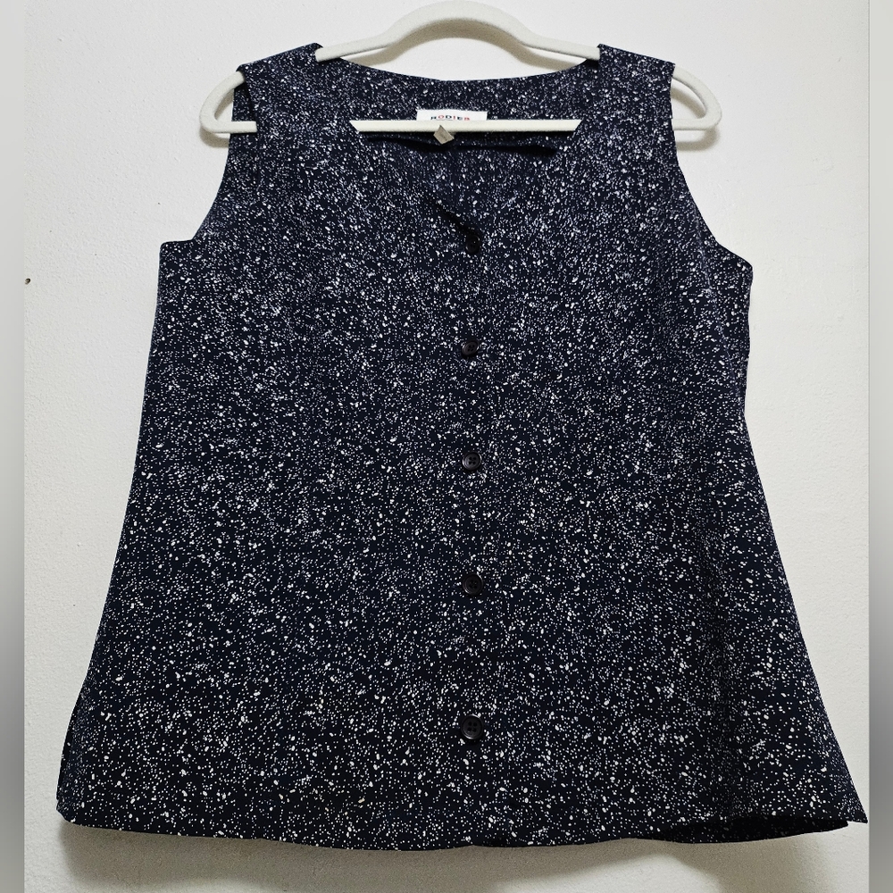 Rodier Blouse Button Up Navy Blue V-Neck Side Slits Sz L France - Picture 2 of 10